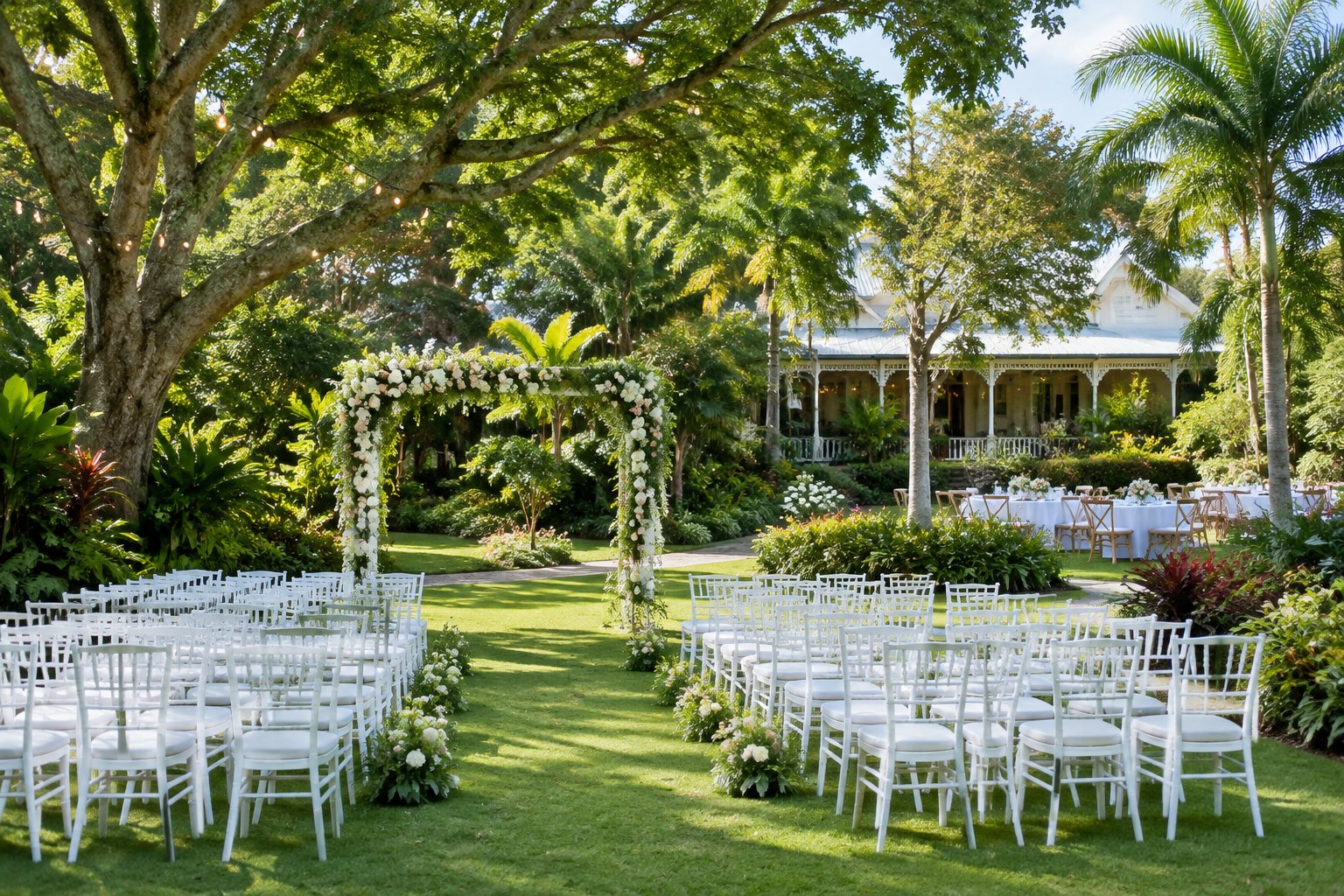 An elegant outdoor wedding ceremony setup surrounded by lush gardens and tropical greenery.