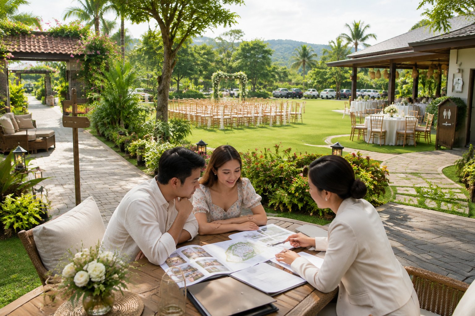 A couple and wedding coordinator review venue plans in a landscaped garden wedding venue with seating and guest facilities nearby.