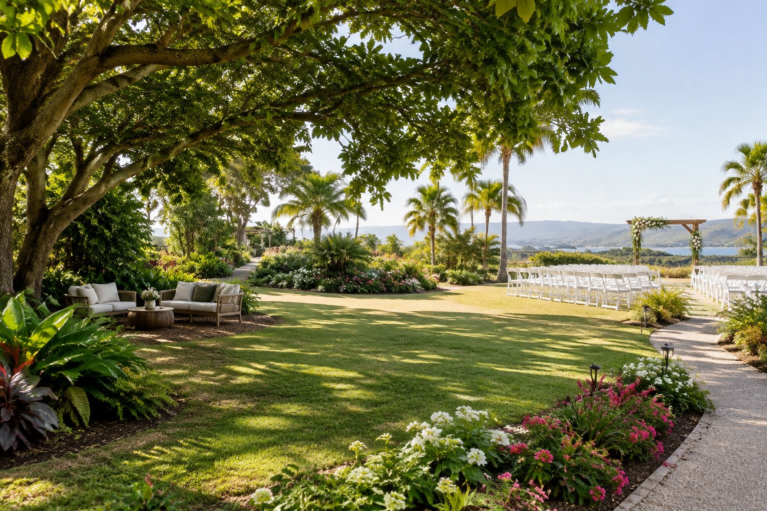 A landscaped Queensland garden wedding venue with a lawn, shaded trees, flowers, pathways, and an outdoor ceremony area.