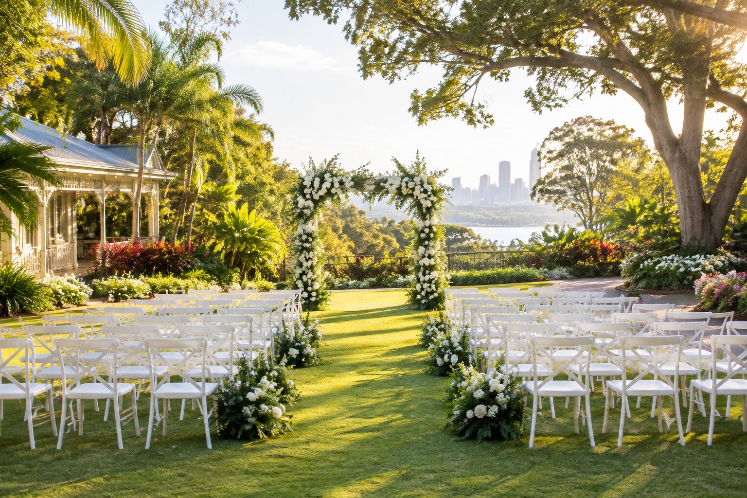 An elegant outdoor wedding ceremony setup in a lush Brisbane garden with a floral arbor and white chairs.
