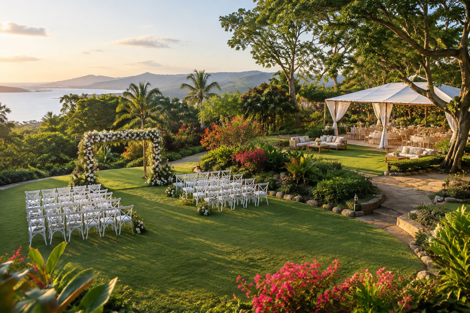 An elegant outdoor wedding ceremony set among lush gardens at a Queensland venue.
