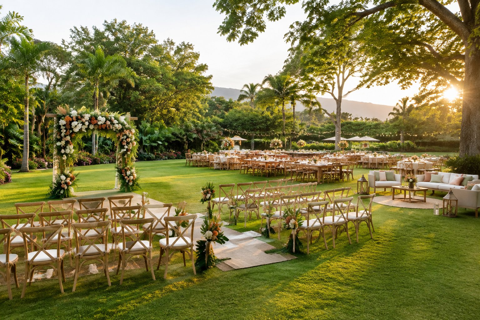 An elegant garden wedding venue with a ceremony area and reception tables arranged across a lush Queensland garden.