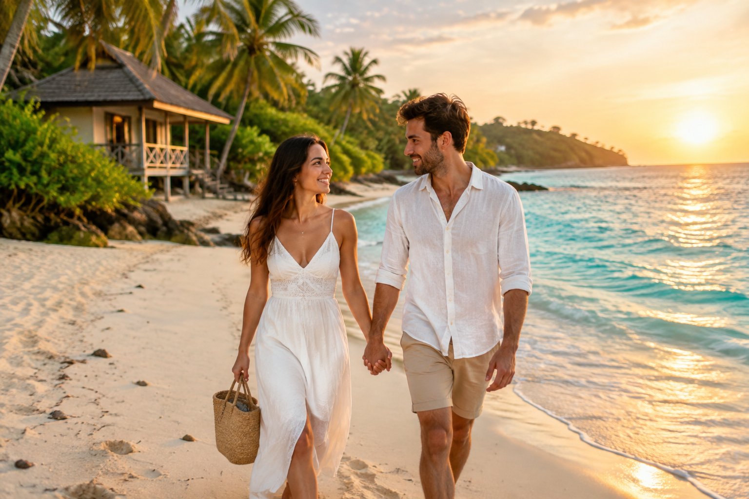A newlywed couple walks hand in hand along a tropical beach near a simple beachfront bungalow.