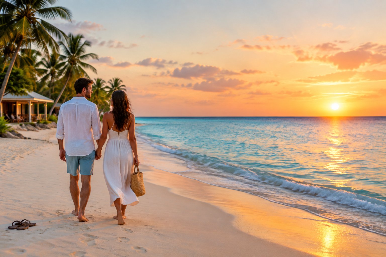 A newlywed couple holding hands and walking along a tropical beach at sunset.