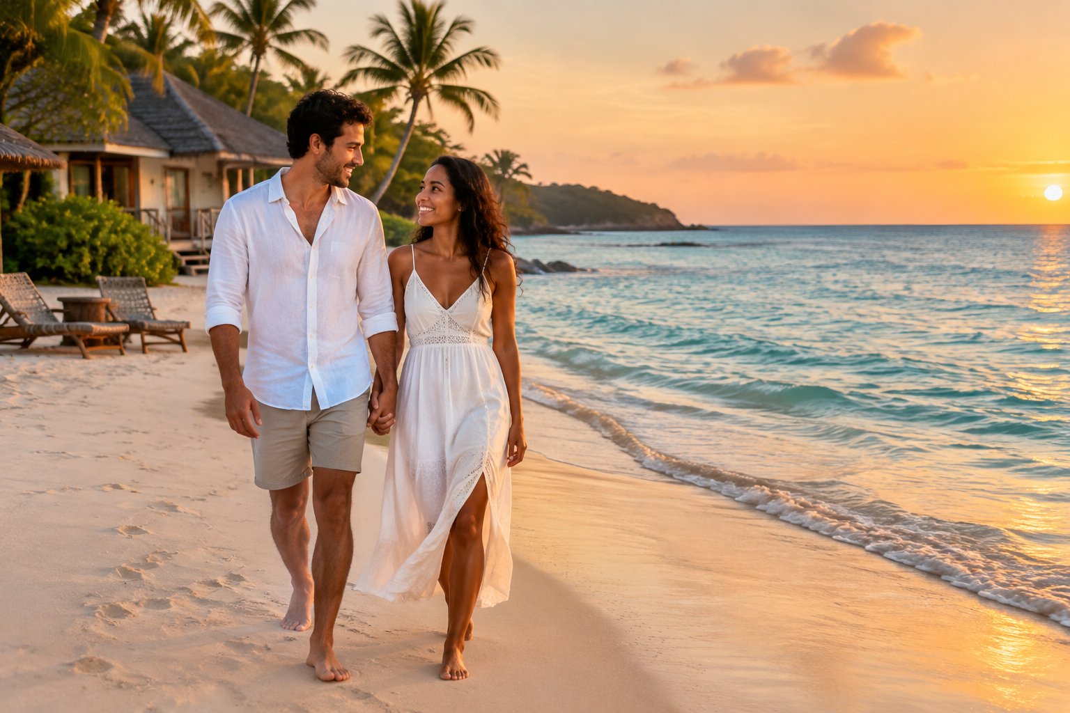 A newlywed couple walks along a quiet tropical beach at sunset near a simple seaside bungalow.