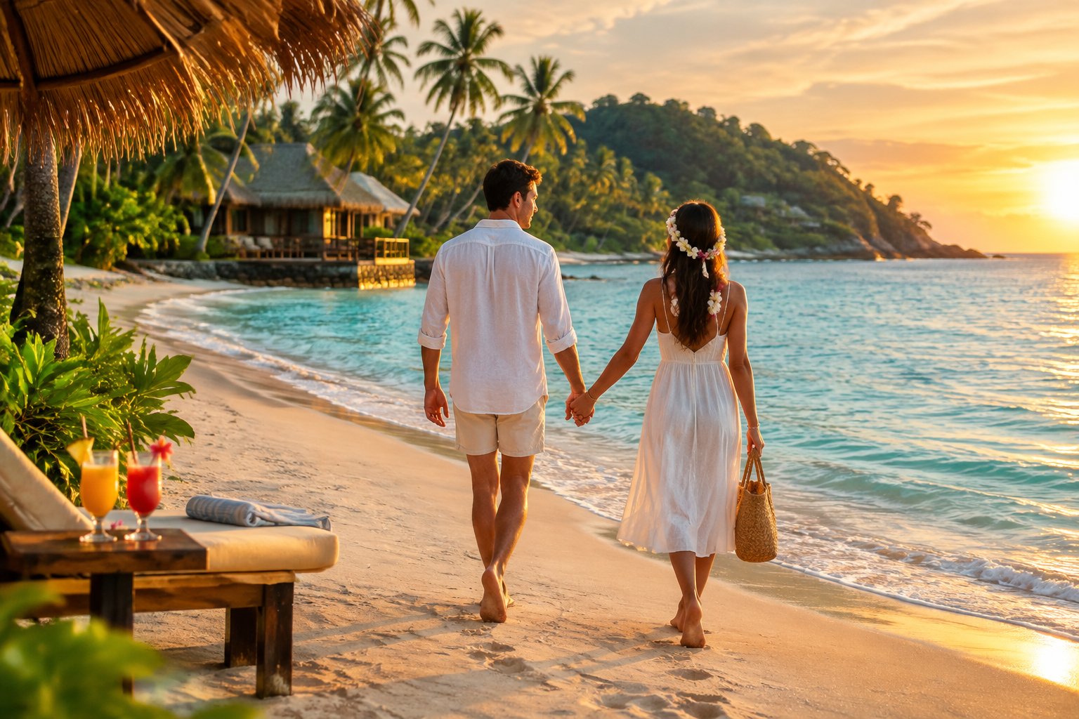 A newlywed couple walks hand in hand along a tropical Asian beach at sunset.