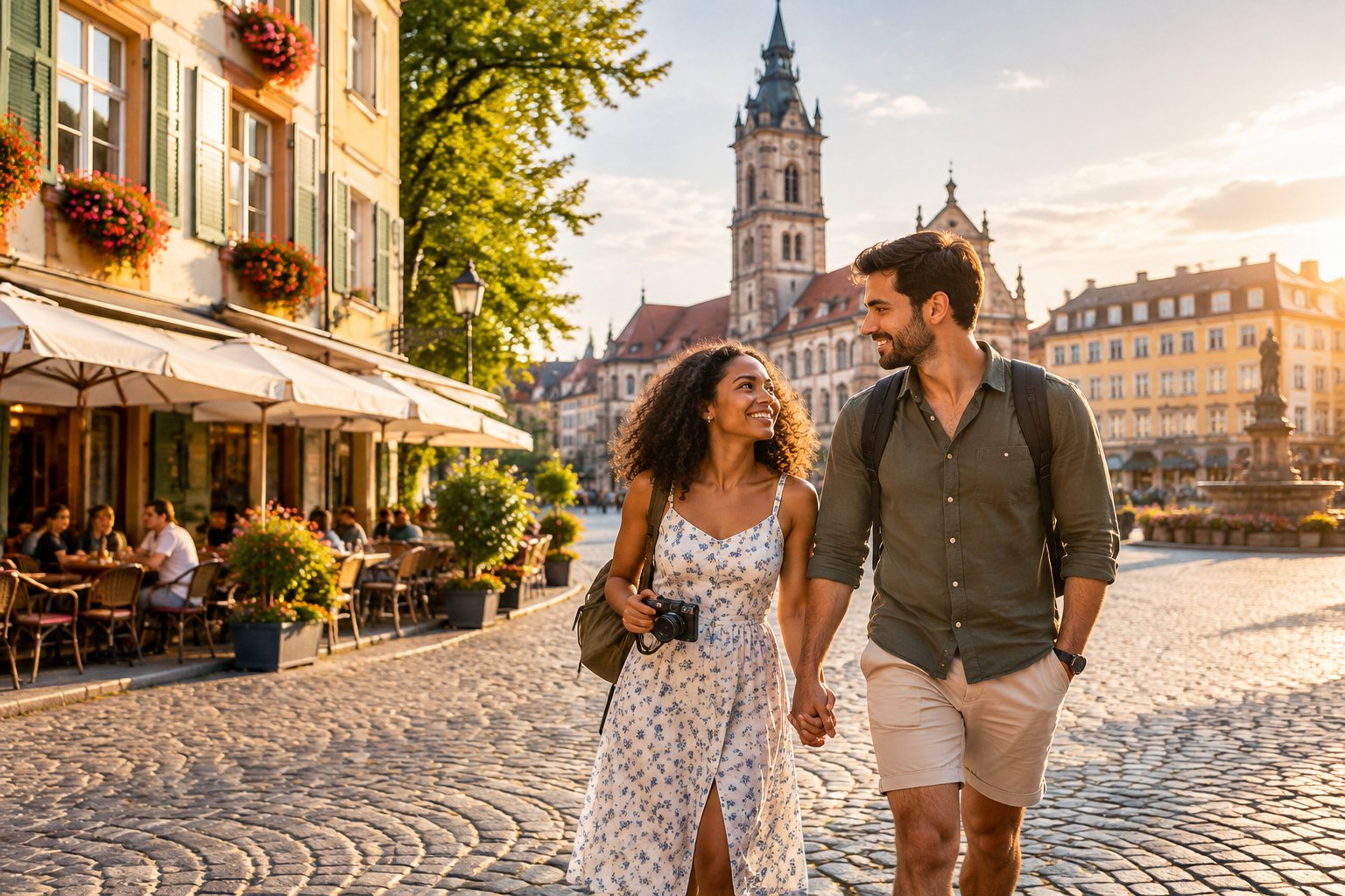 A newlywed couple walks hand in hand through a charming European city street near a historic square.