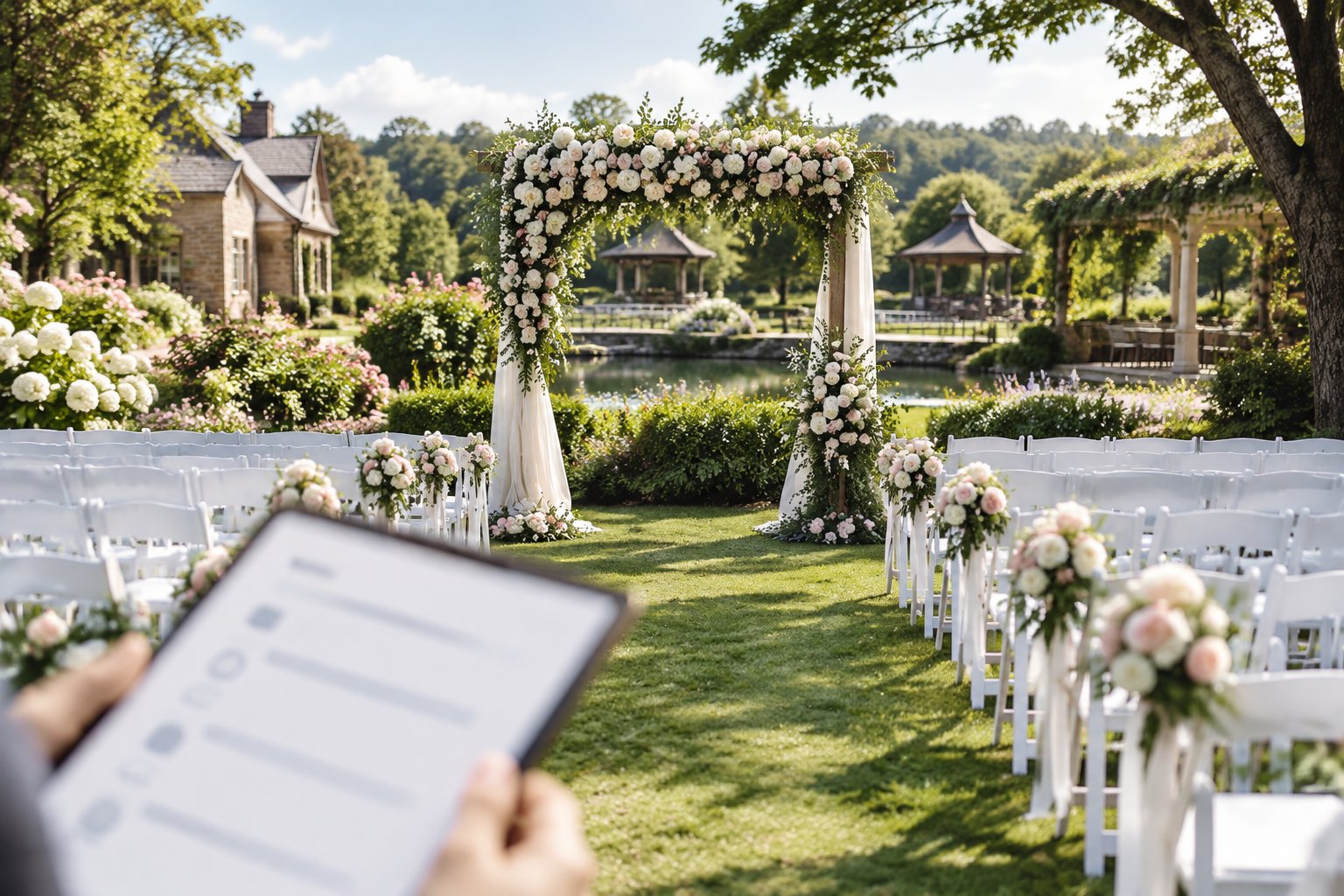 An elegant outdoor wedding ceremony arranged in a lush botanical garden.