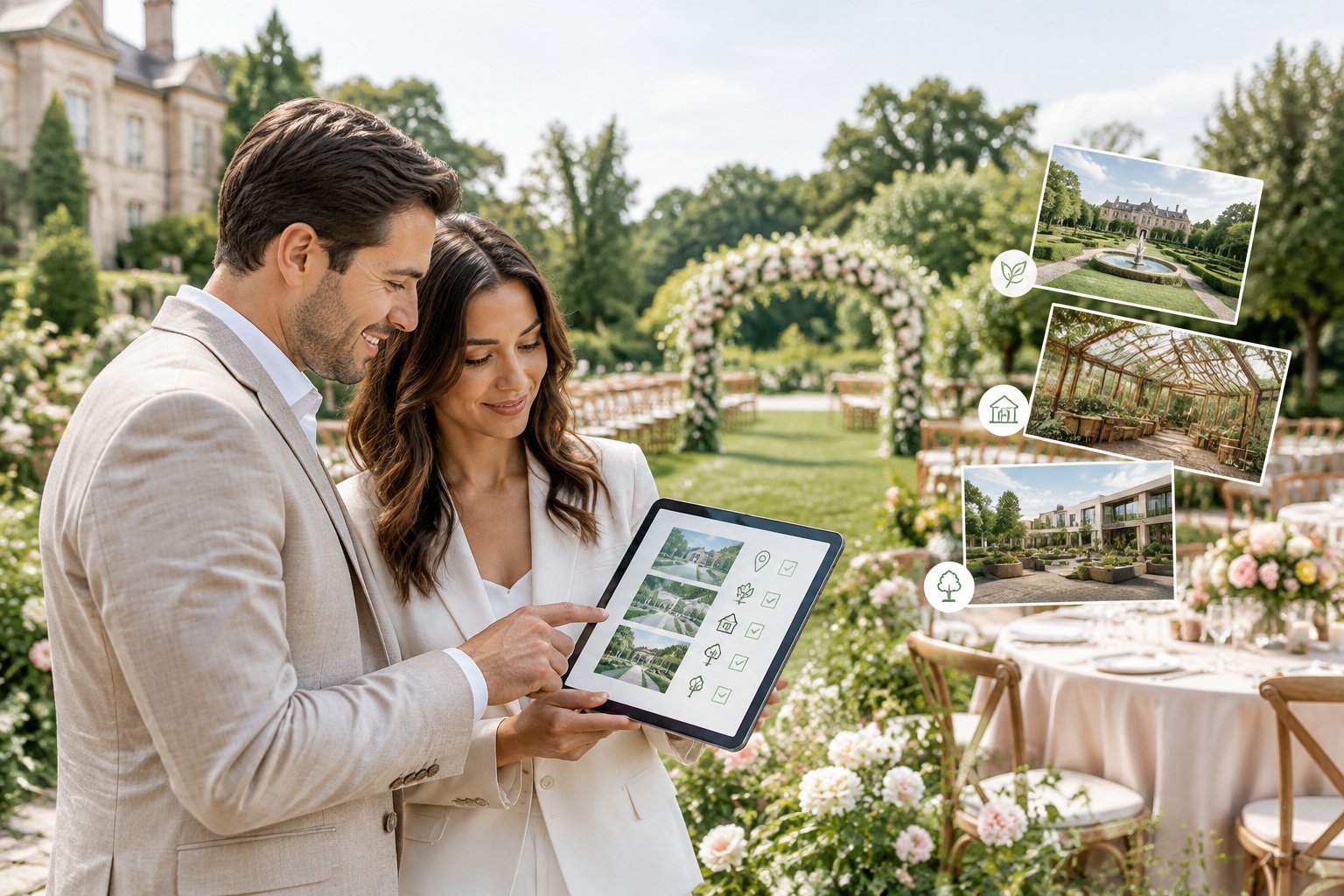 A couple reviews a tablet while comparing elegant garden wedding venue settings.