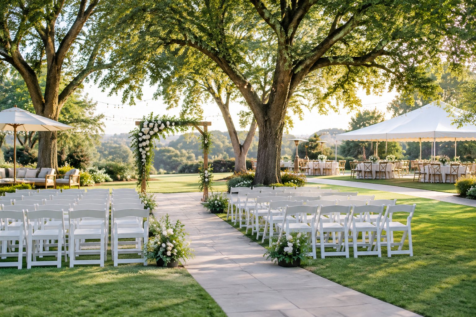 An elegant garden wedding ceremony area with chairs, greenery, and practical venue features.