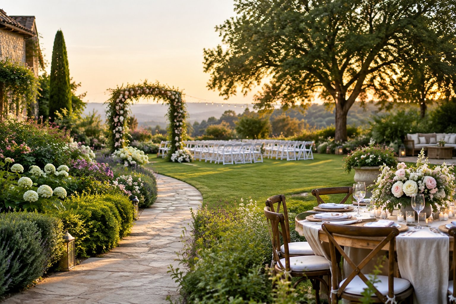 A landscaped garden wedding venue with flowers, ceremony chairs, and a decorated reception table.