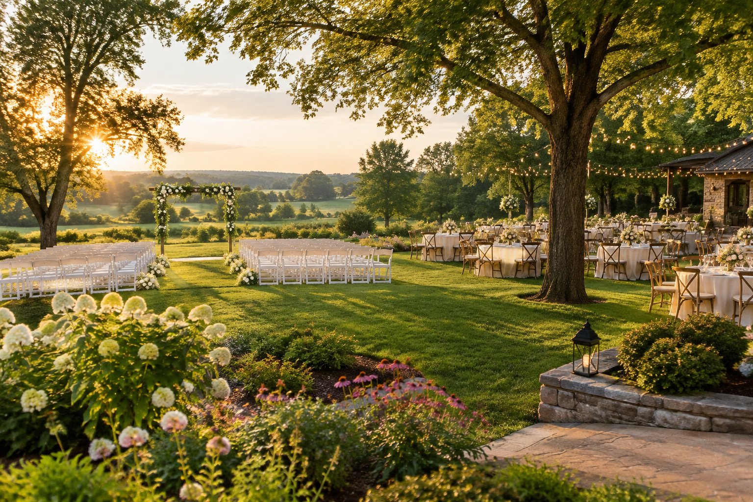A landscaped garden wedding venue with floral decorations, white ceremony chairs, and a warmly lit reception area.