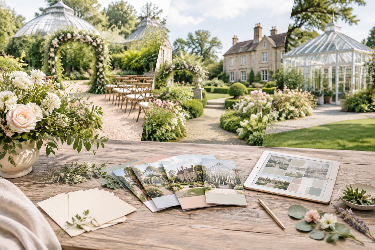 Wedding planning materials arranged in front of several elegant garden wedding venue settings.