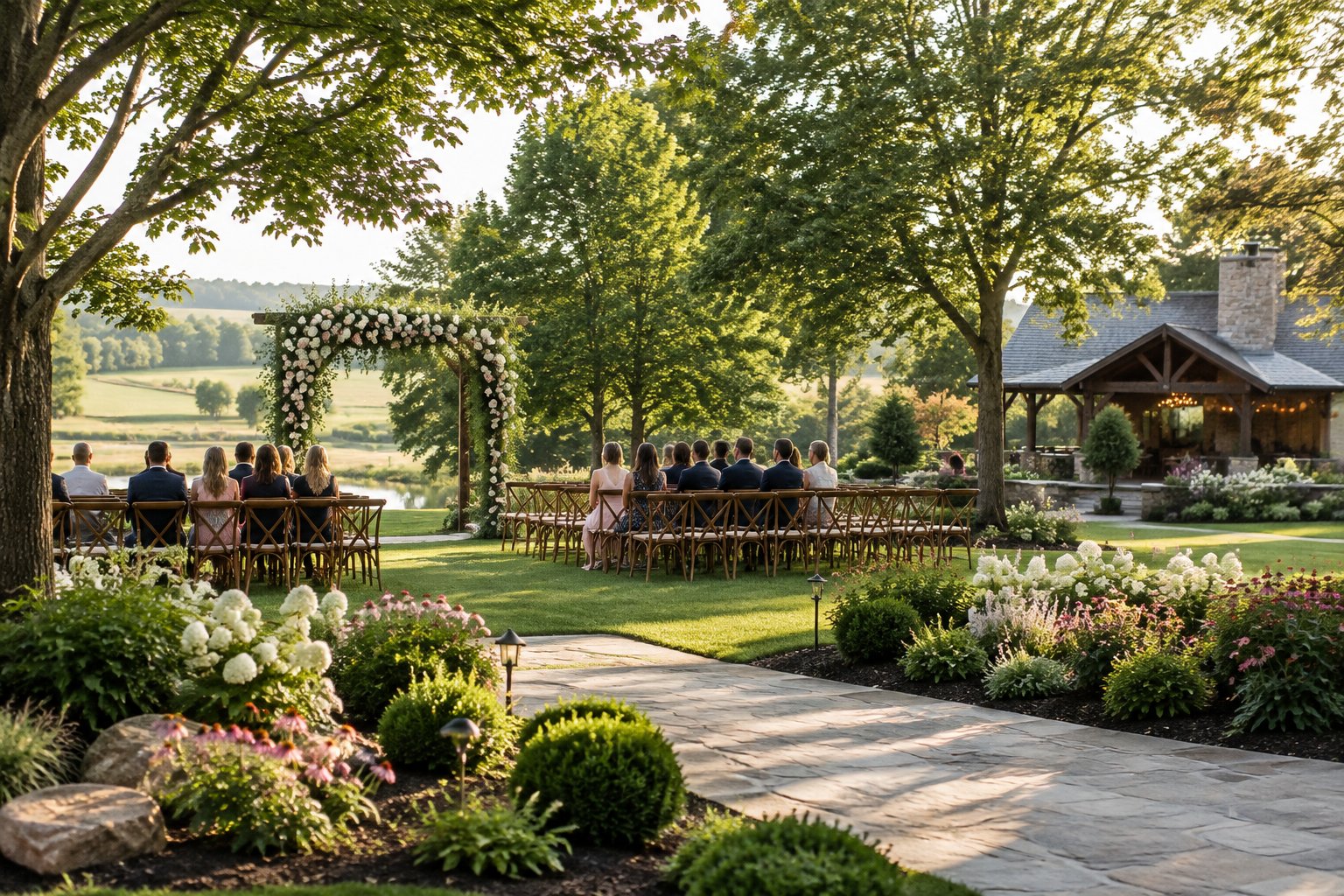 A garden wedding ceremony setup with floral arches, wooden chairs, blooming plants, and trees surrounding a countryside venue.