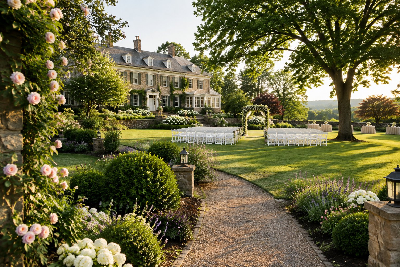 A historic estate surrounded by manicured gardens and a decorated outdoor wedding ceremony area.