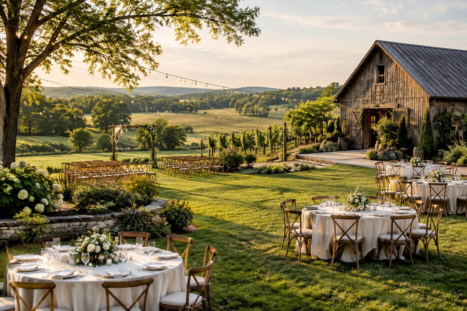A refined outdoor wedding setup beside a rustic barn and vineyard on a lush countryside property.