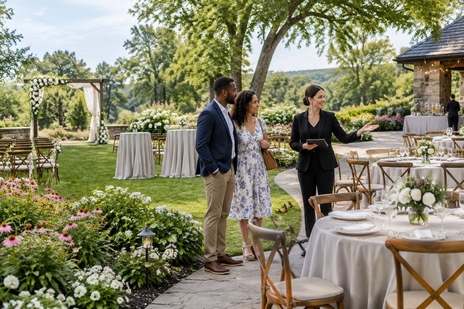 A couple and venue coordinator review an outdoor garden wedding setup with ceremony and reception areas.
