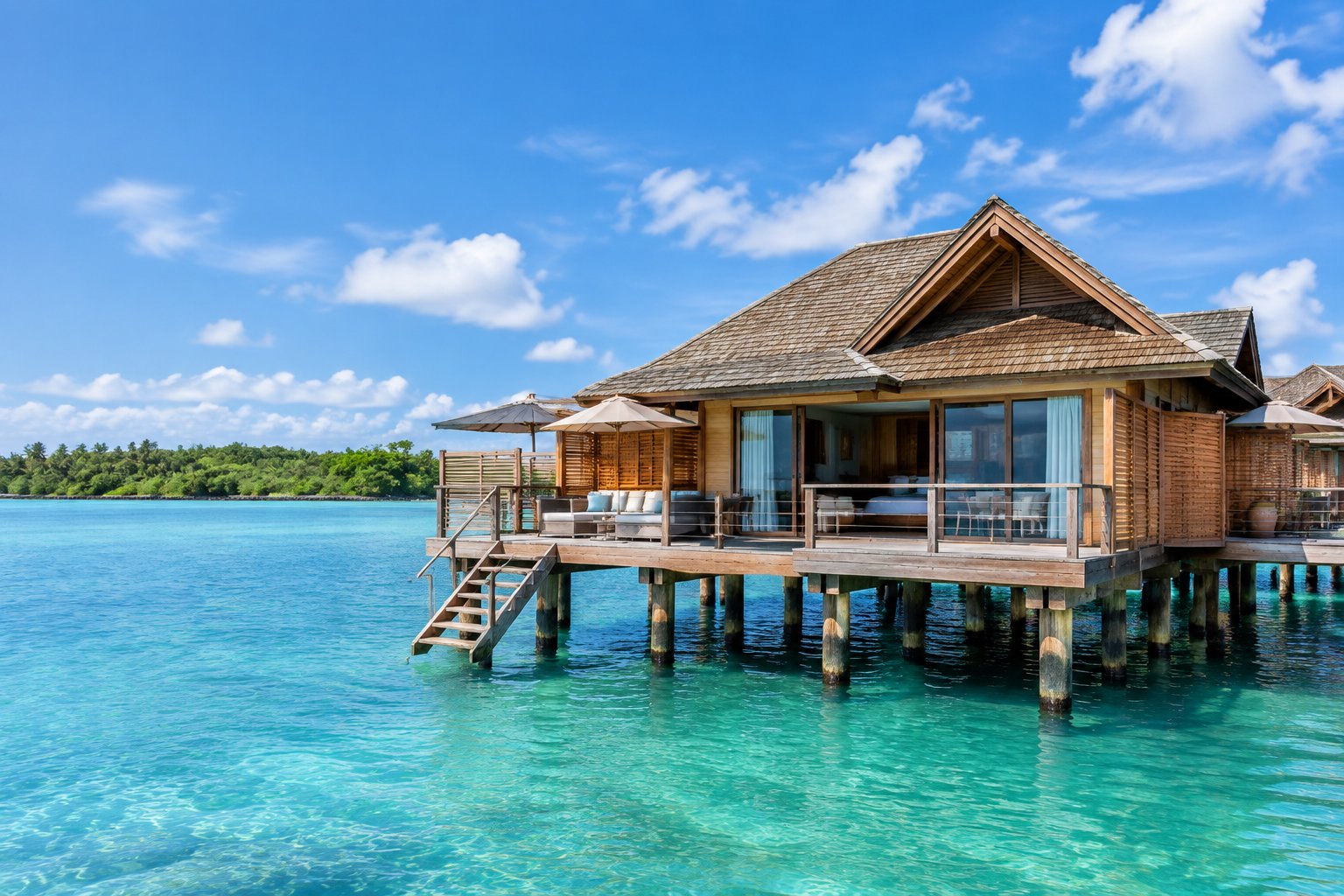 A grand luxury bungalow stands above calm turquoise water beside a lush tropical shoreline.