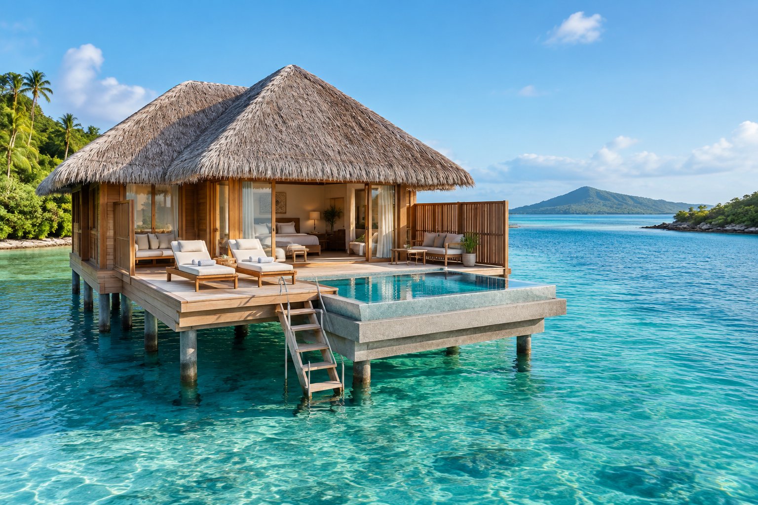 A luxurious overwater bungalow sits between calm turquoise waters with a private deck overlooking the lagoon.