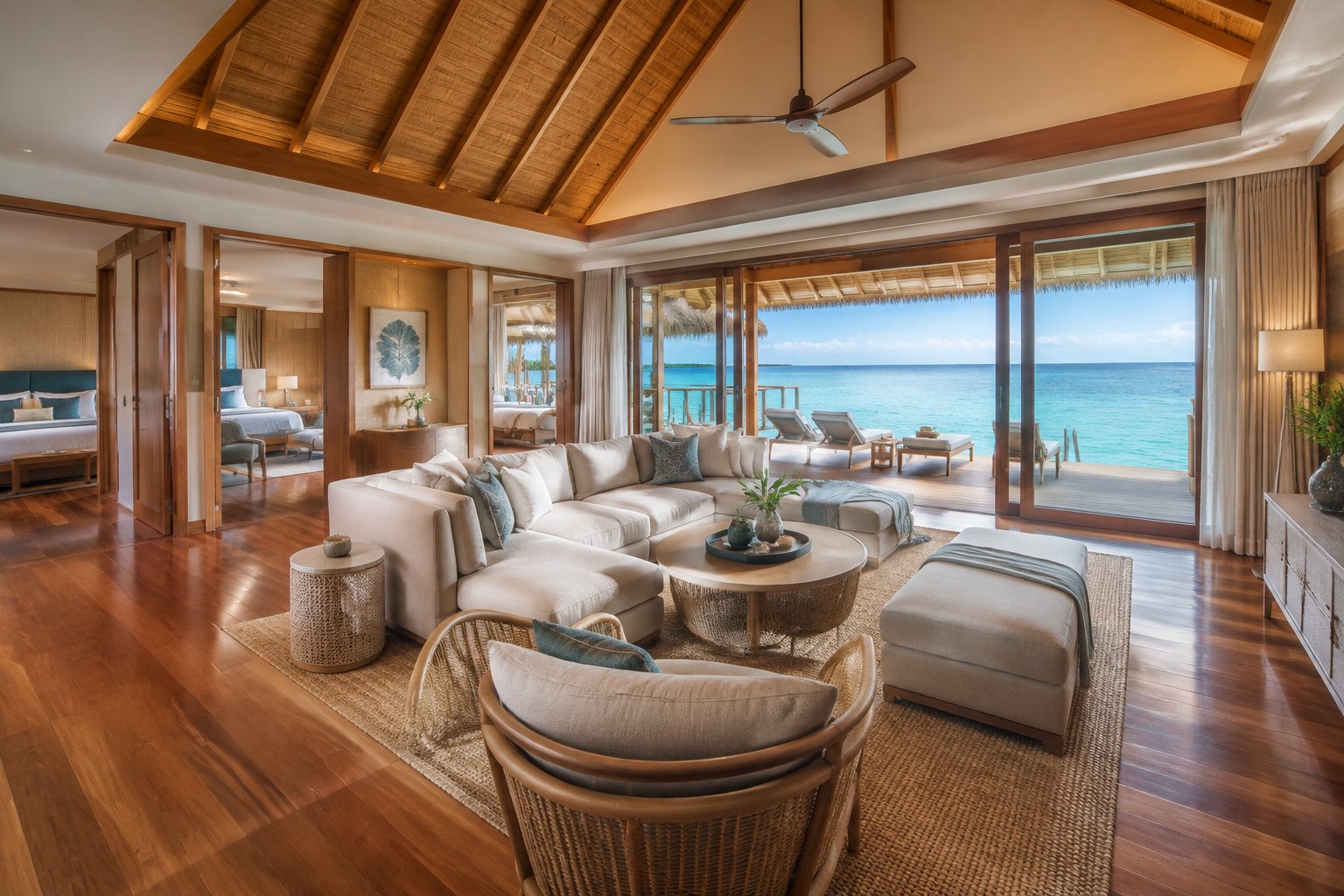 Luxurious overwater bungalow interior with a bright living area, tropical ocean views, and an adjoining bedroom.