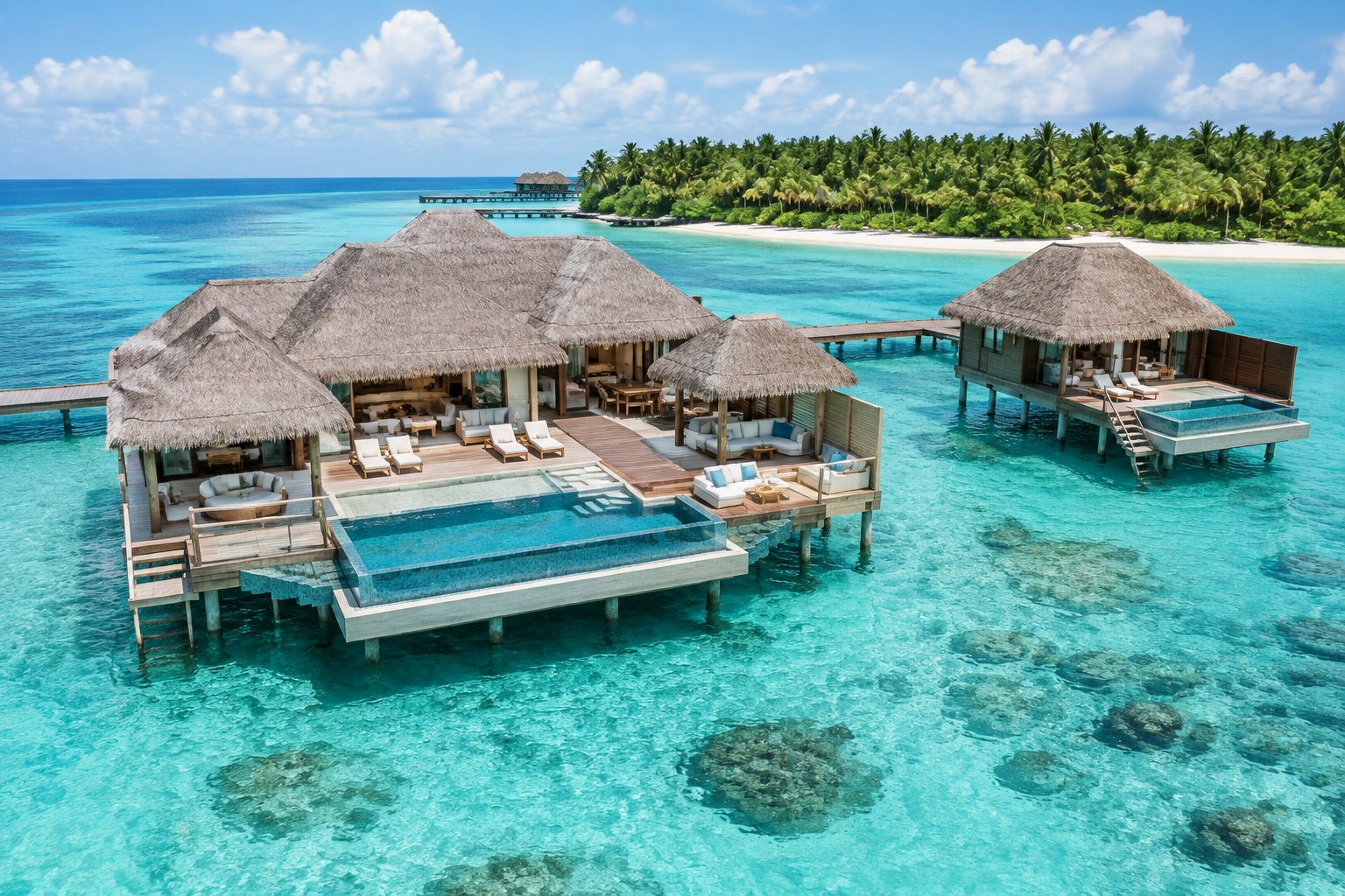Two overwater bungalows, one grand and spacious and one smaller, stand beside each other over a clear tropical lagoon.