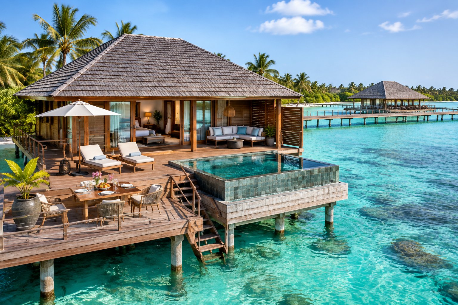 A luxurious overwater bungalow with a private deck, plunge pool, and outdoor dining area above a clear tropical lagoon.