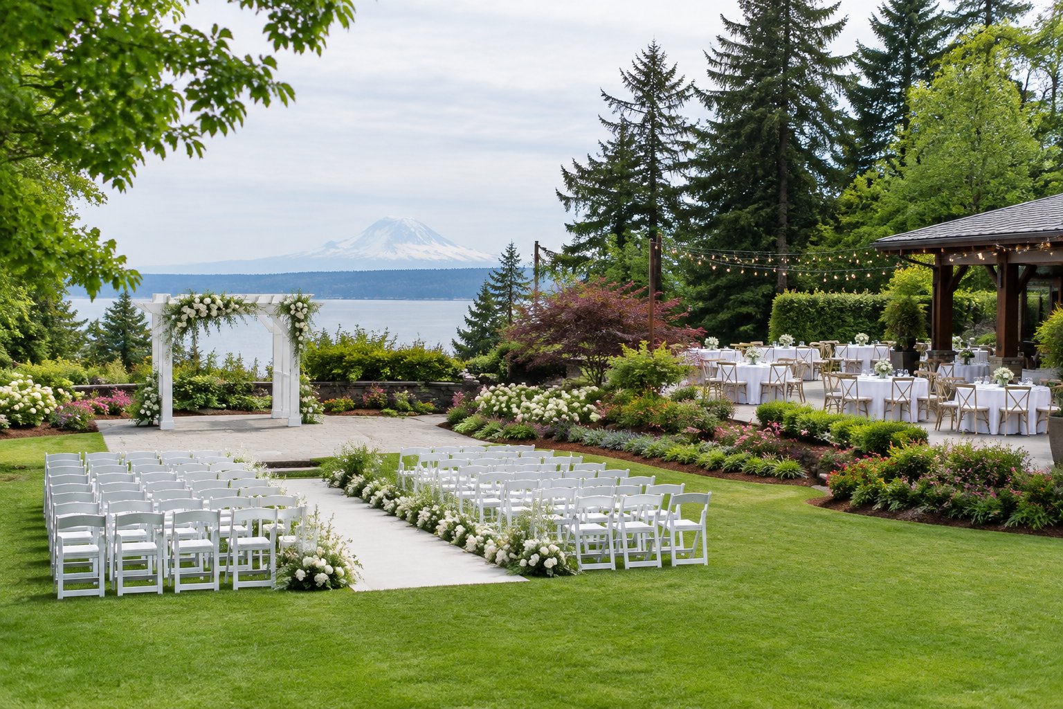 An elegant outdoor wedding ceremony and reception area surrounded by lush gardens and flowering plants.