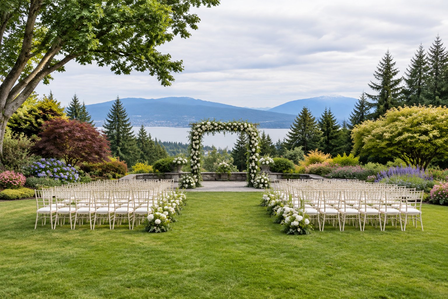 A landscaped garden wedding venue with a floral ceremony arch, white chairs, green lawns, flowers, and evergreen trees.