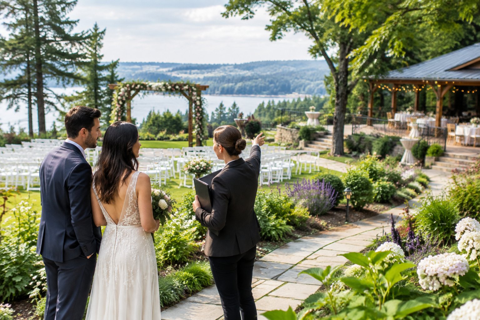 A couple and venue coordinator review a lush garden wedding venue with an arbor, chairs, flowers, and reception area.