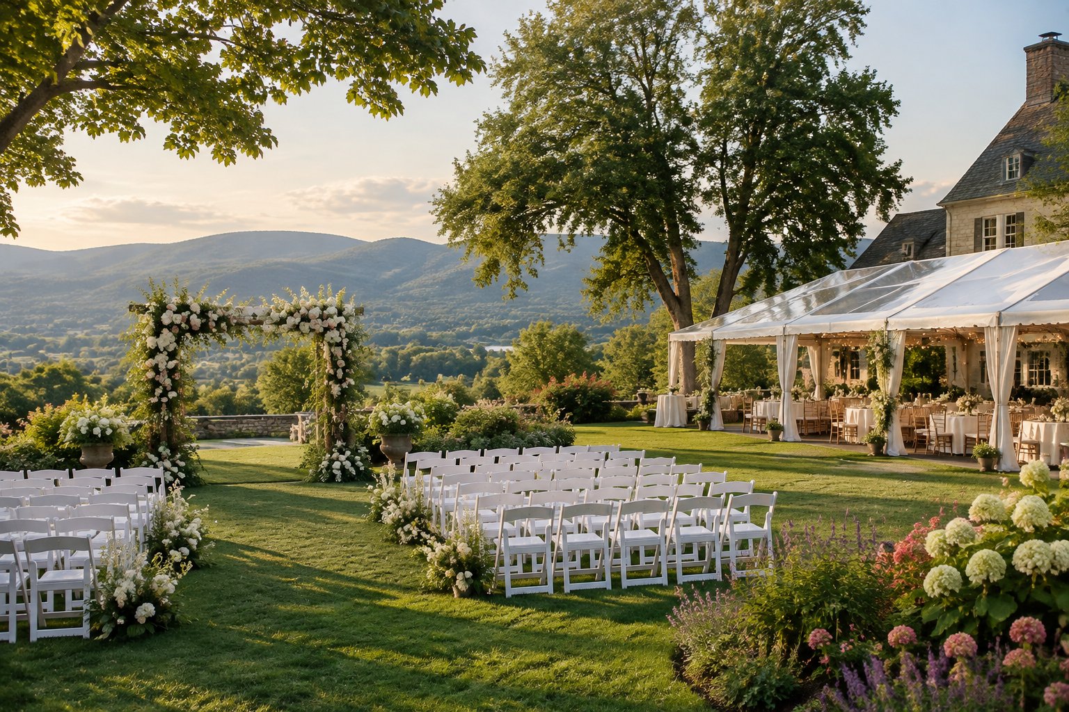 A landscaped garden wedding venue with a floral ceremony arch, white chairs, manicured lawns, and reception tables.