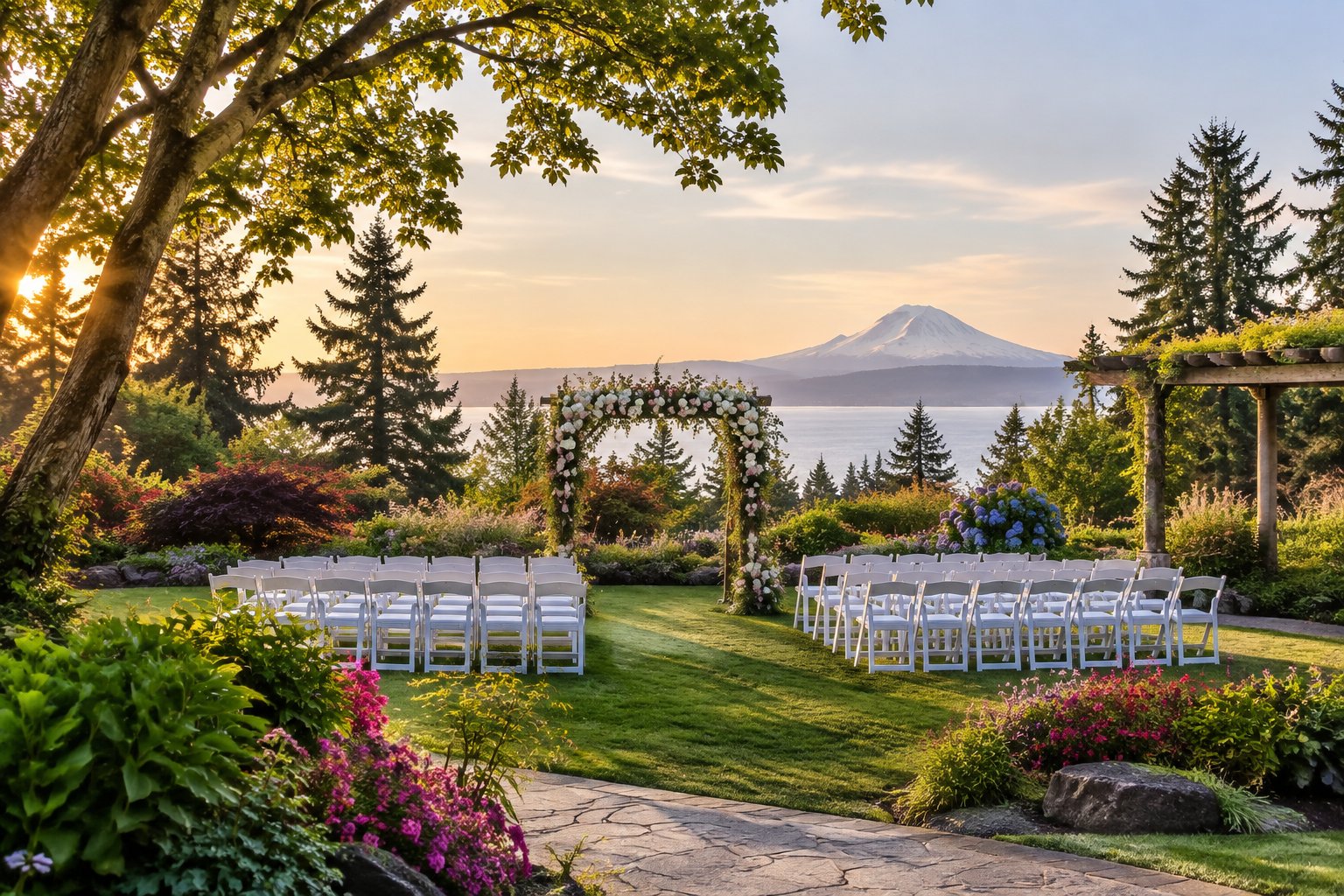 A landscaped garden wedding venue with flowers, trees, a ceremony arch, and white chairs.