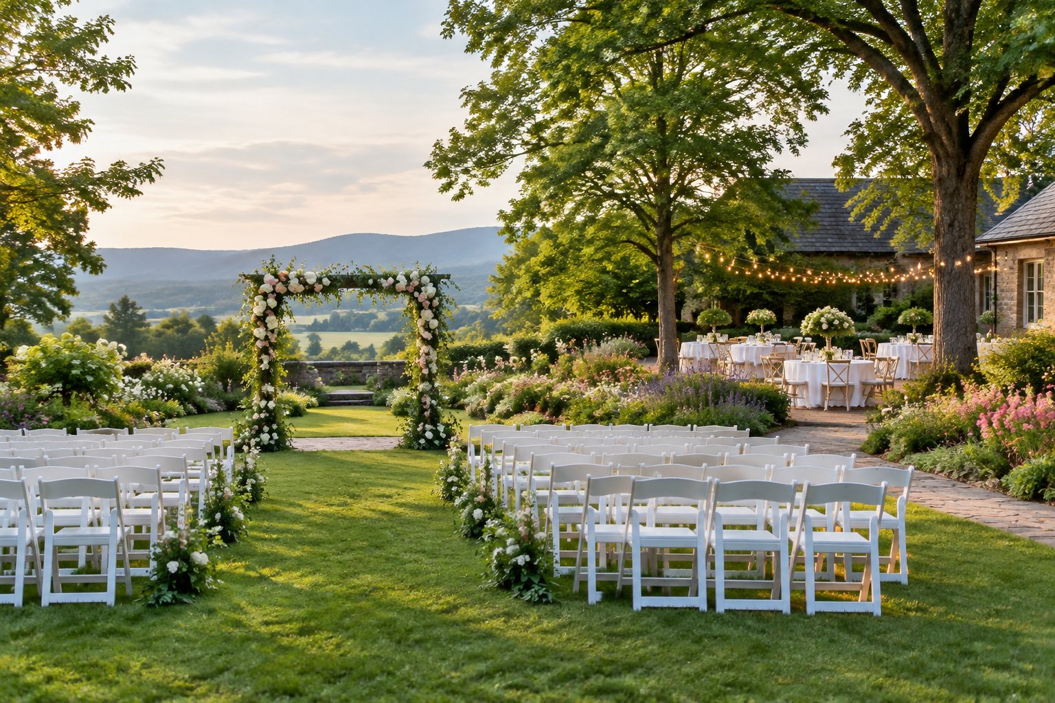 An elegant garden wedding ceremony area with white chairs, a floral arch, green lawns, and flowering borders.
