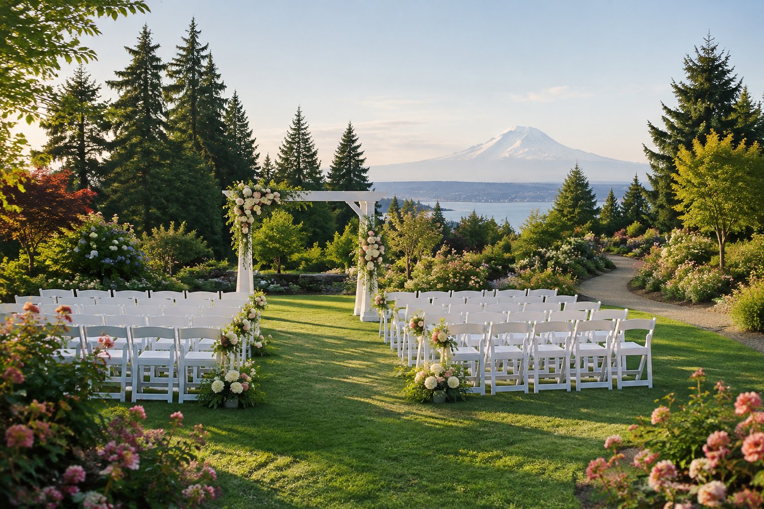 An elegant outdoor wedding ceremony setup in a lush garden with white chairs and a flower-covered arbor.