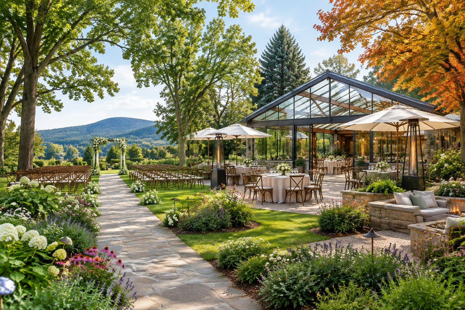 Elegant garden wedding venue with seasonal landscaping, a covered outdoor ceremony area, and reception tables.