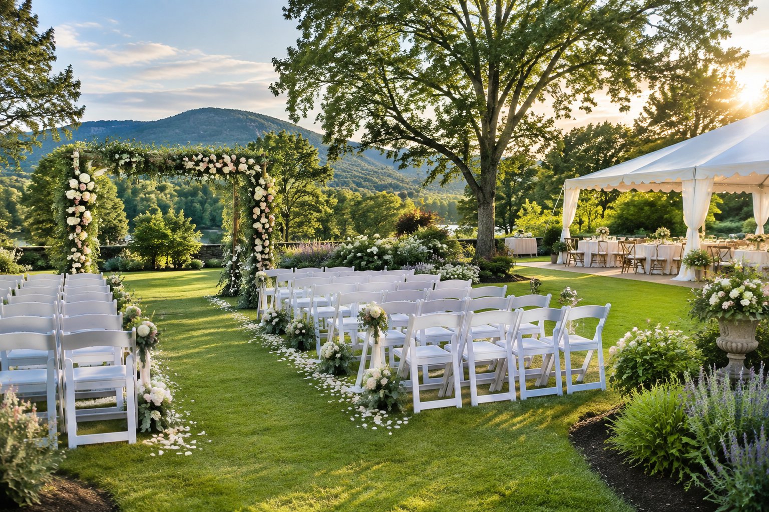 An elegant outdoor wedding ceremony setup in a landscaped garden with white chairs, flowers, and reception tables.