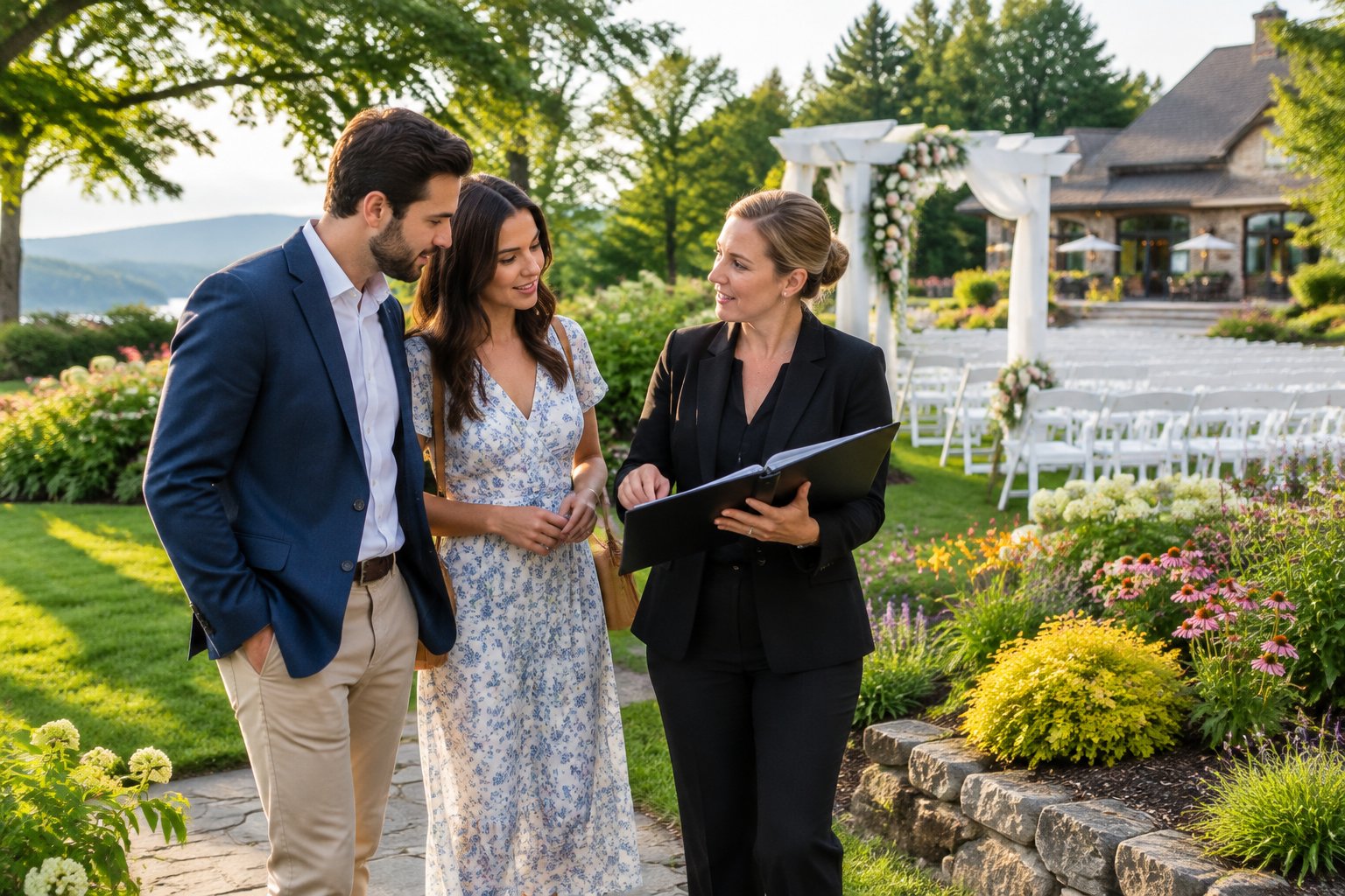 A couple tours a landscaped garden wedding venue with a coordinator near an outdoor ceremony area.