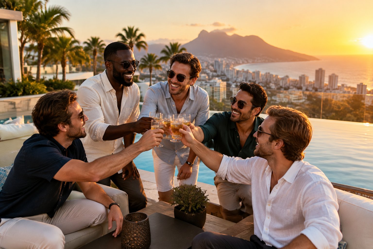 A group of friends celebrating together on a rooftop overlooking a sunny coastal city.