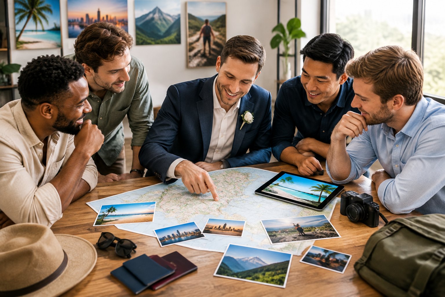 Friends gather around a table to compare travel options for a groom’s bachelor party.