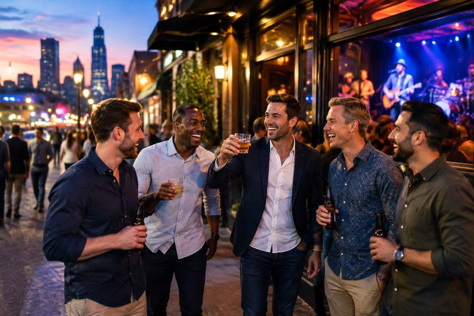 A group of friends enjoys drinks and live music outside a vibrant city nightlife venue.