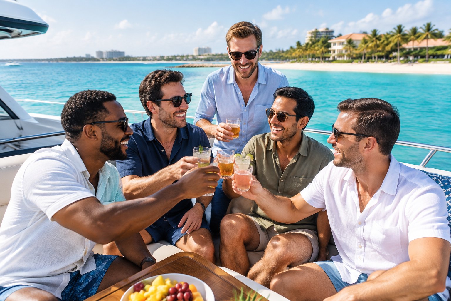A group of friends relaxing and celebrating on a motor yacht near a sunny tropical beach.