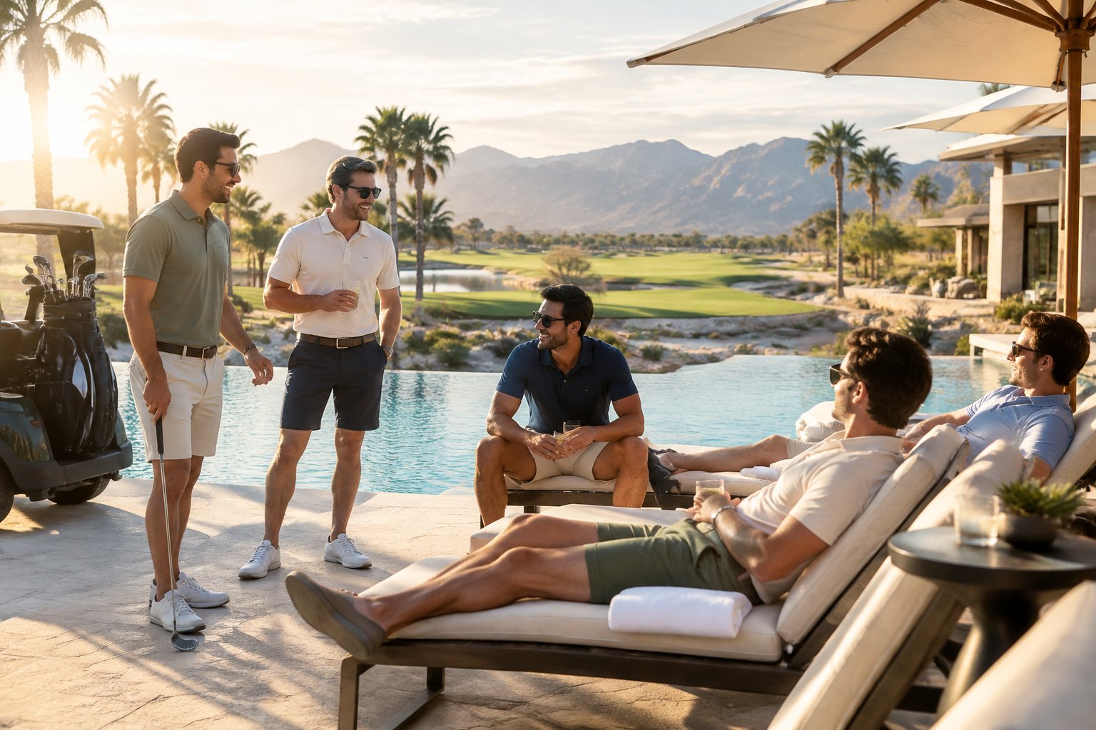 A group of friends relaxes by a luxury resort pool near a golf course.