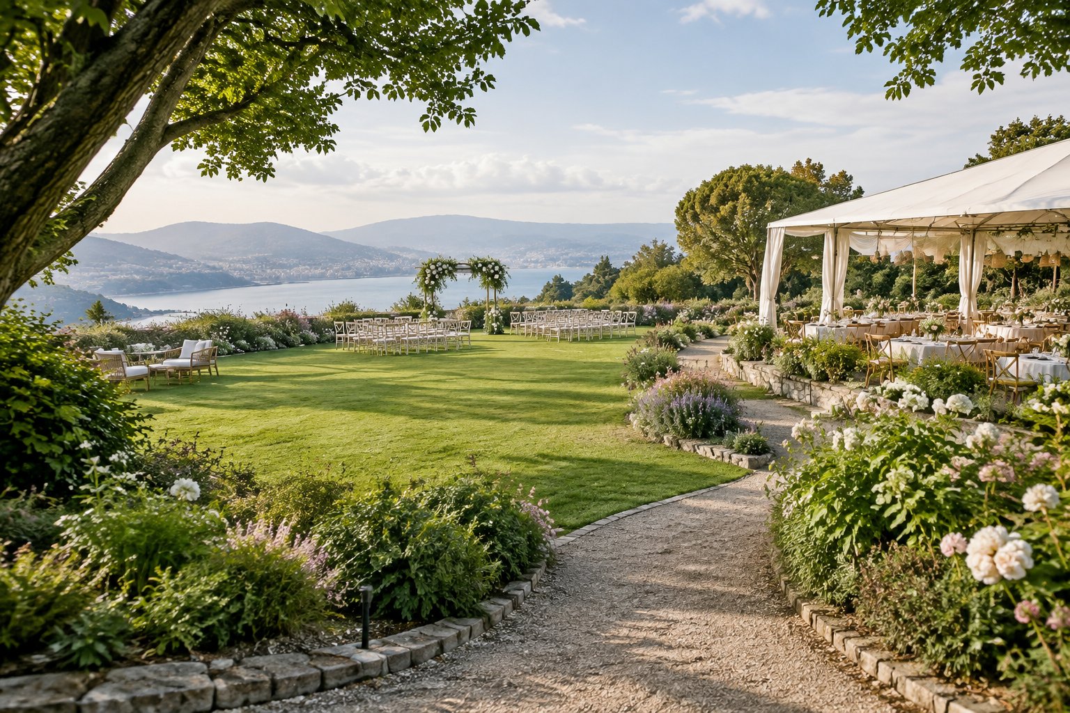 A landscaped garden wedding venue with flowering gardens, a ceremony arch, and an elegant outdoor reception area.