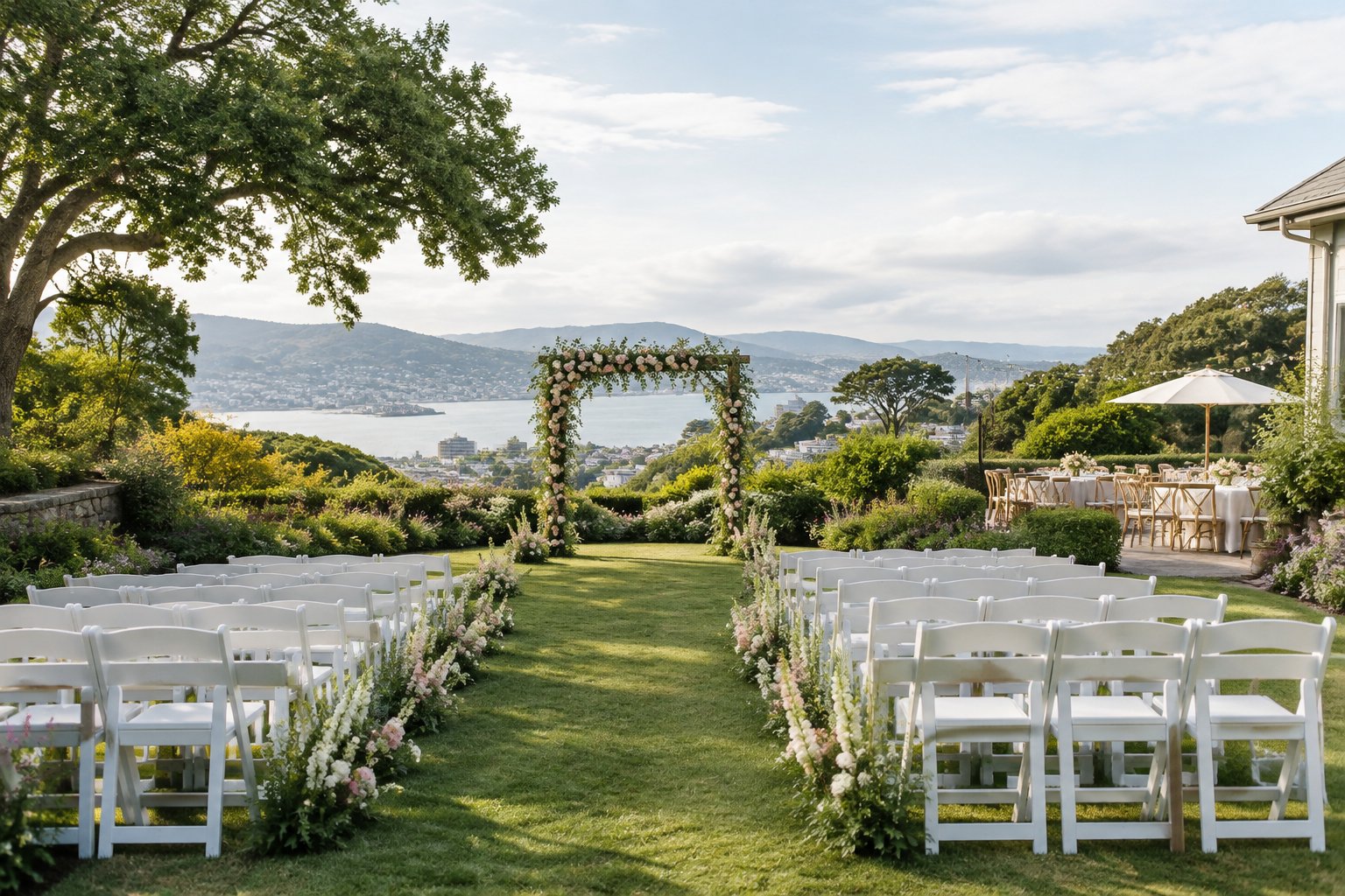 A landscaped garden wedding ceremony with a floral arch, white chairs, and lush greenery.