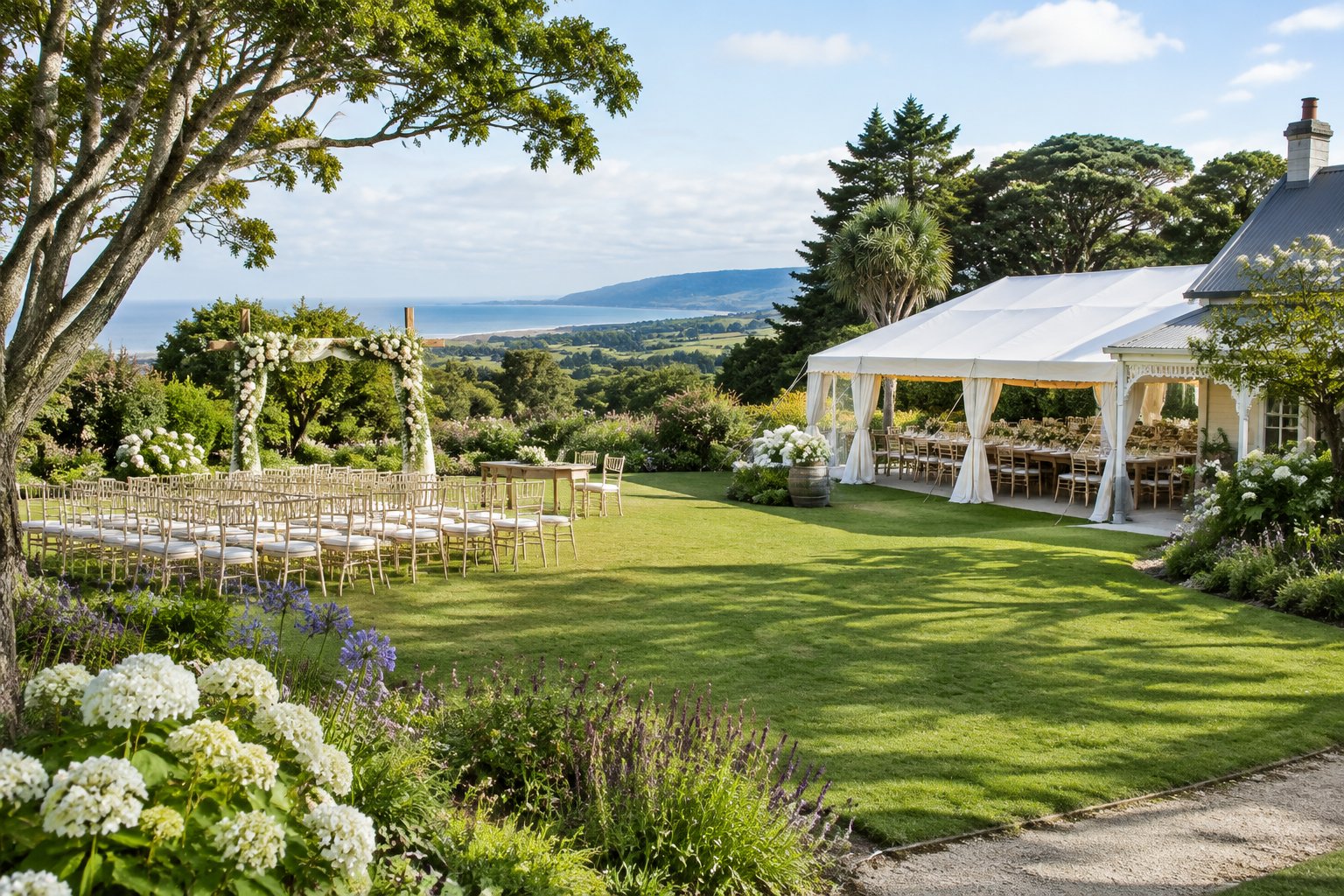 A landscaped country garden wedding venue with a floral arbor, white chairs, and a reception table overlooking green hills.