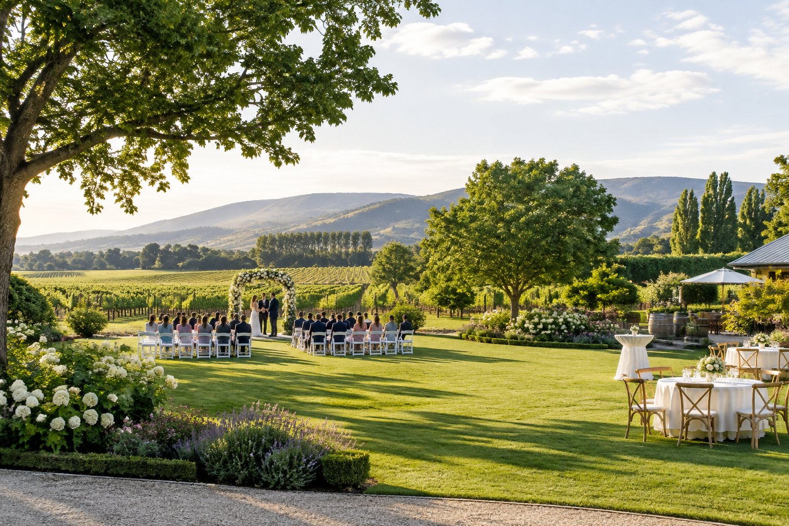 An elegant outdoor wedding ceremony in a landscaped garden beside vineyards and rolling hills.