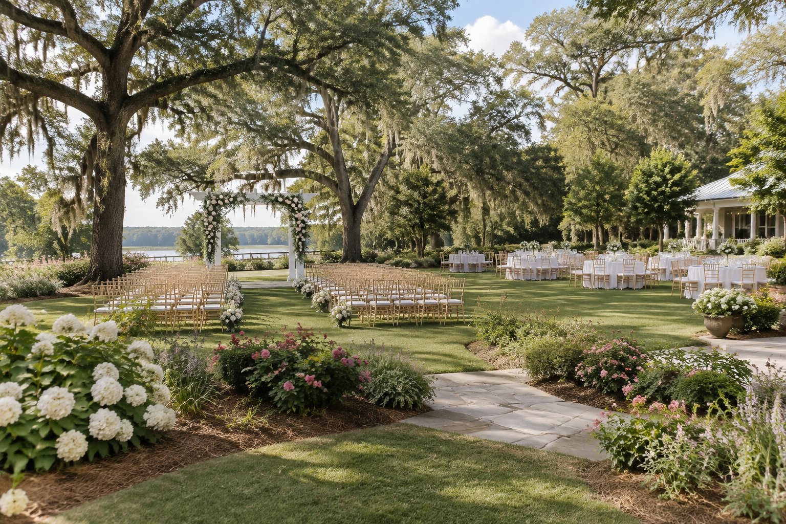 A landscaped garden wedding venue with a flower-covered arbor, ceremony chairs, mature trees, and a decorated reception area.