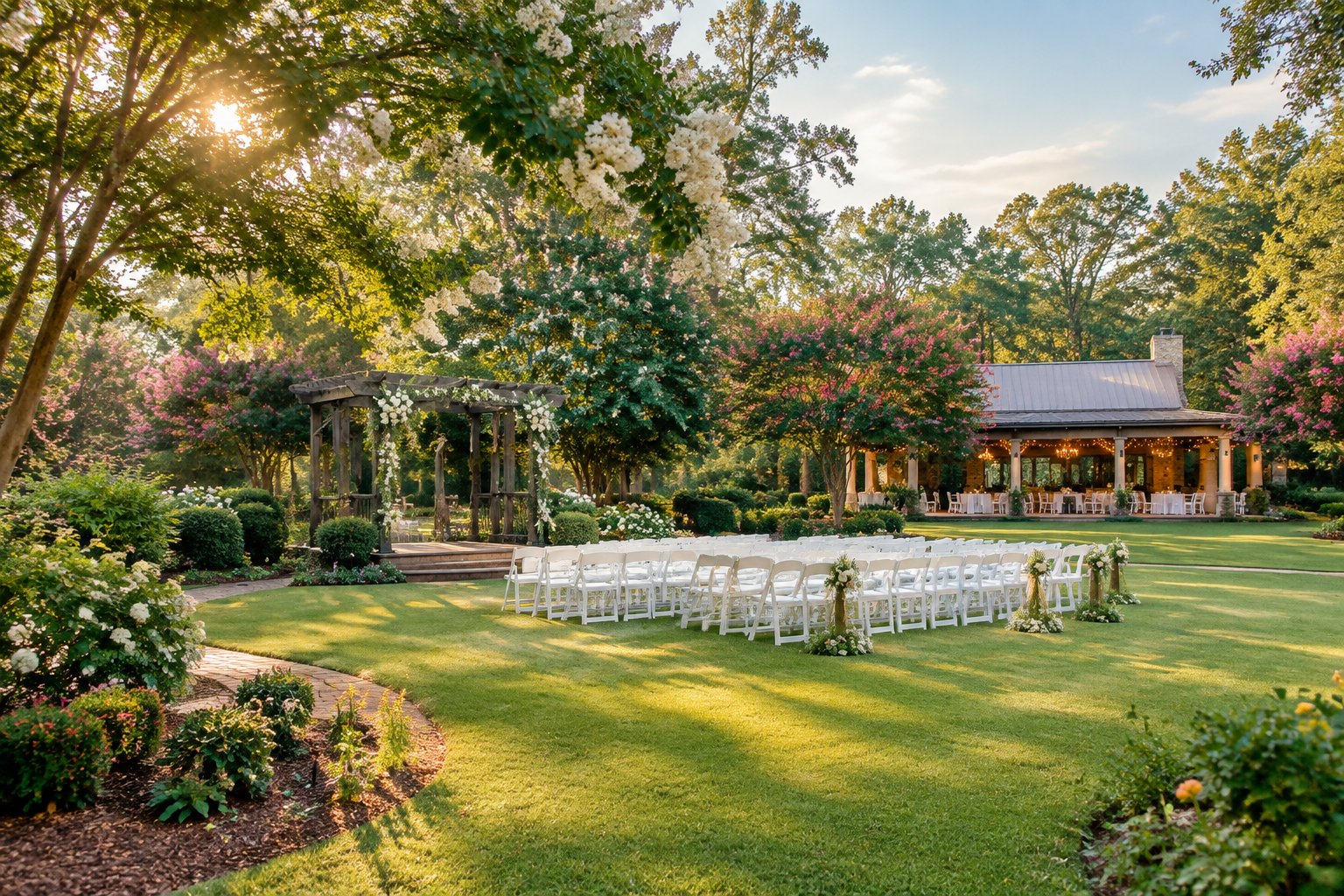 A landscaped garden wedding venue with flower beds, an arbor, white ceremony chairs, and a covered reception area.