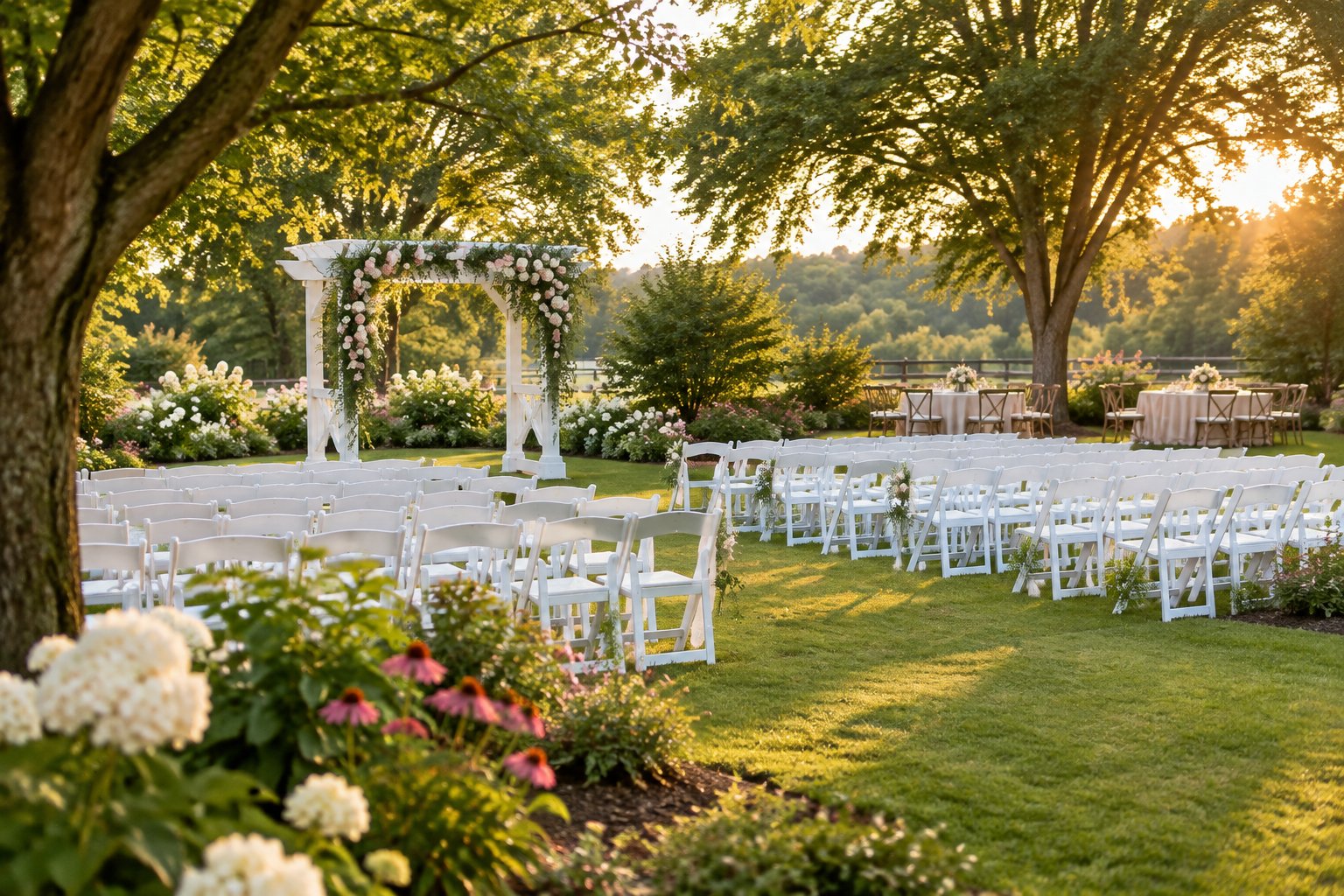 A landscaped garden wedding venue with a flower-covered arbor, white chairs, and reception tables beneath mature trees.
