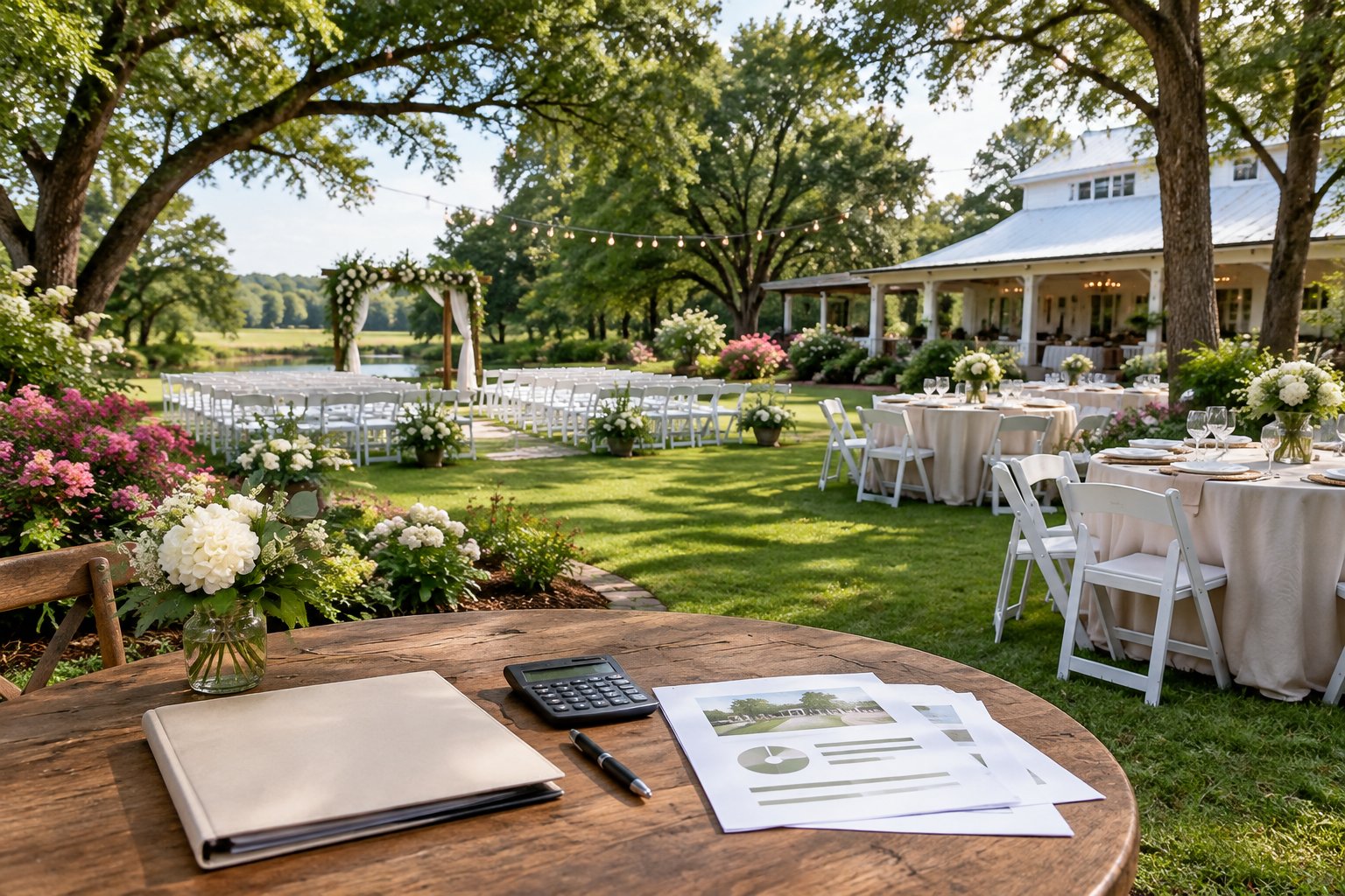 Elegant garden wedding venue with outdoor seating, reception tables, and a wedding planning folder.