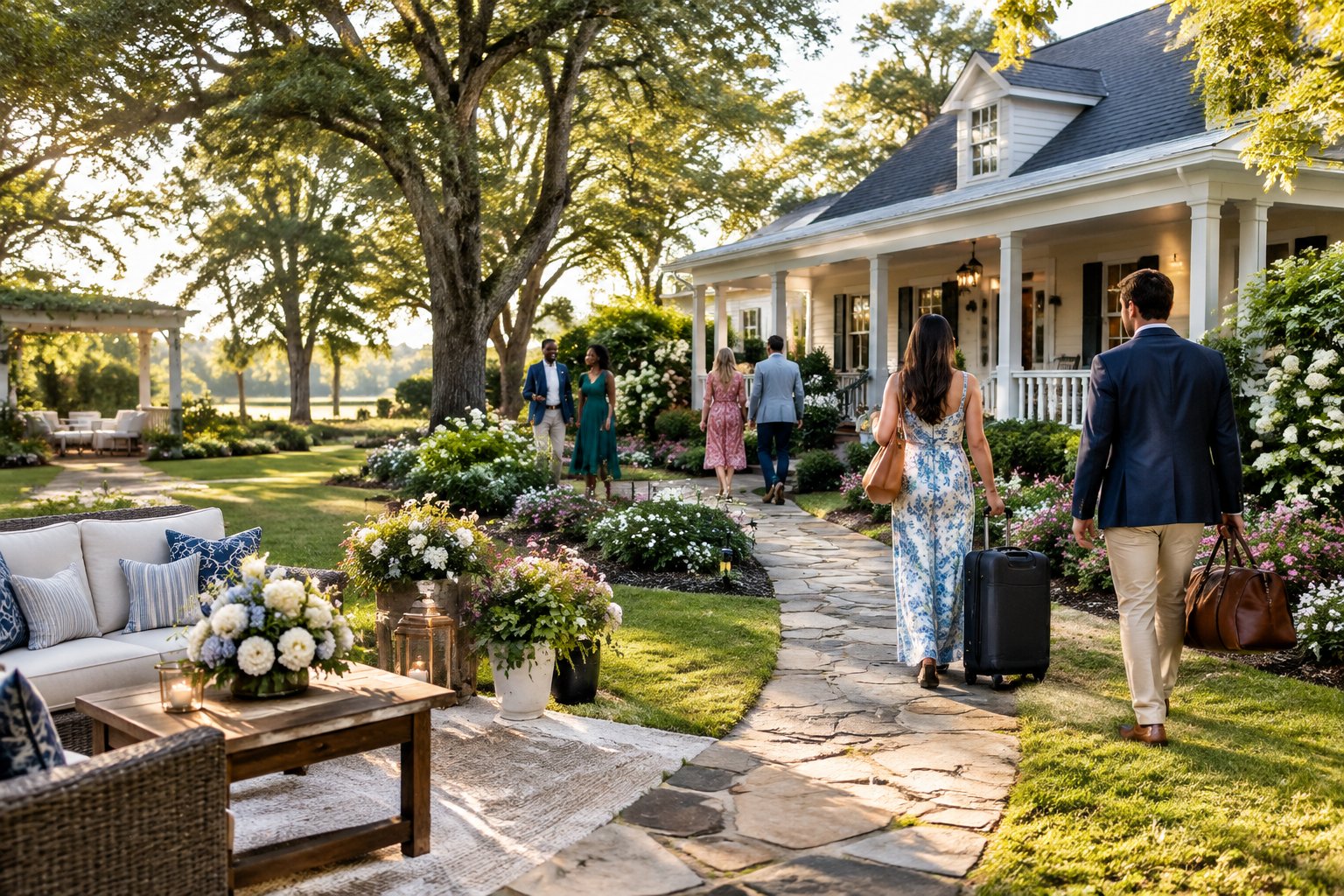 Guests arrive at elegant lodging surrounded by gardens at a Southern wedding venue.